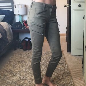 Olive green skinny denims.